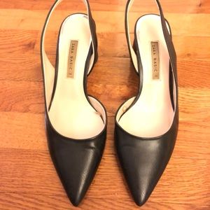 Zara Black Leather Slingback Pointed Toe Heels